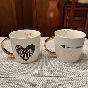 "My Mom Rocks" and "Be True" gold black mugs by SLANT